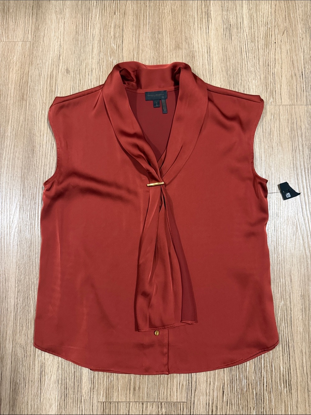 Donna Karan Rust Red Satin Tie-Neck Sleeveless Blouse M